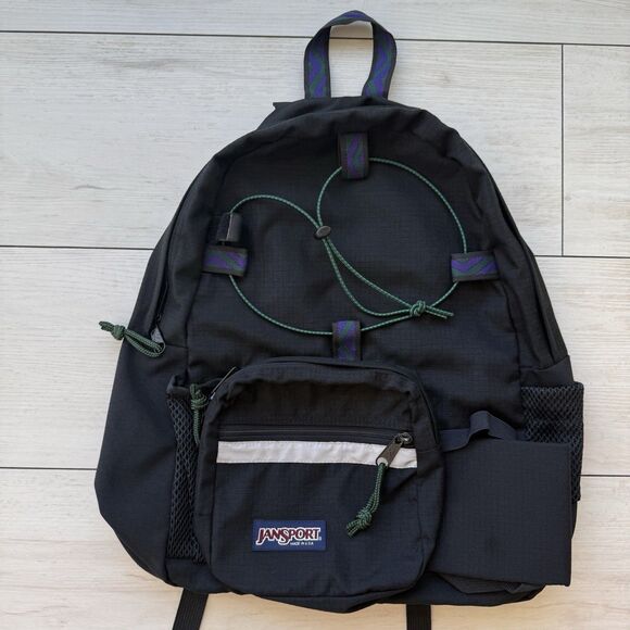 Vintage Jansport 1990s Multi Pocket Black Backpack USA Geometric Pattern - Picture 2 of 11